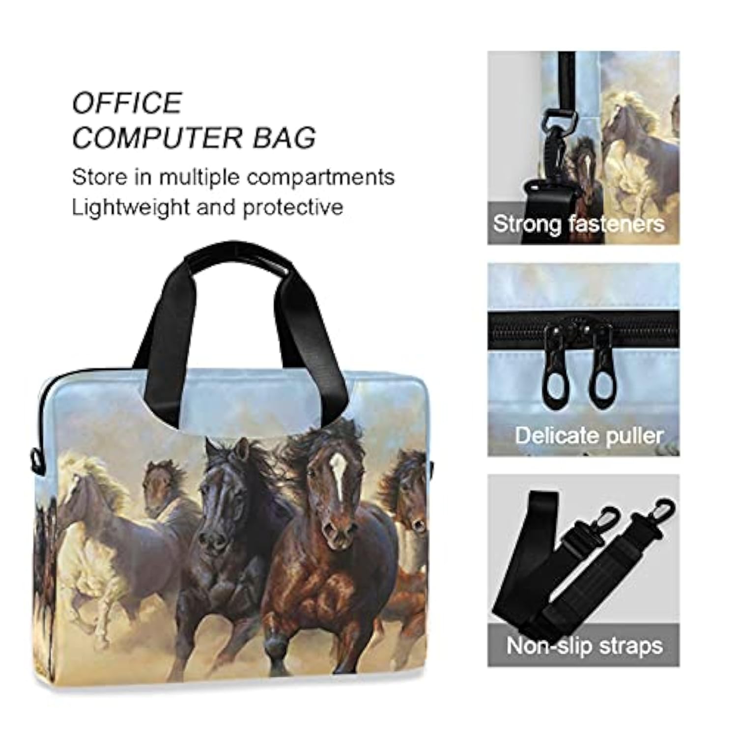 Running Horses Laptop Messenger Bag Case Sleeve Crossbody Briefcase For Men Women With Shoulder Strap Handle 13 14 15.6 Inch