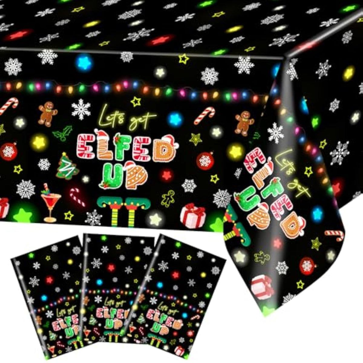 3 Pcs Christmas Tablecloth Disposable Let'S Get Elfed Up Table Cloth 108X54 Inch Plastic Rectangular Christmas Party Table Cover