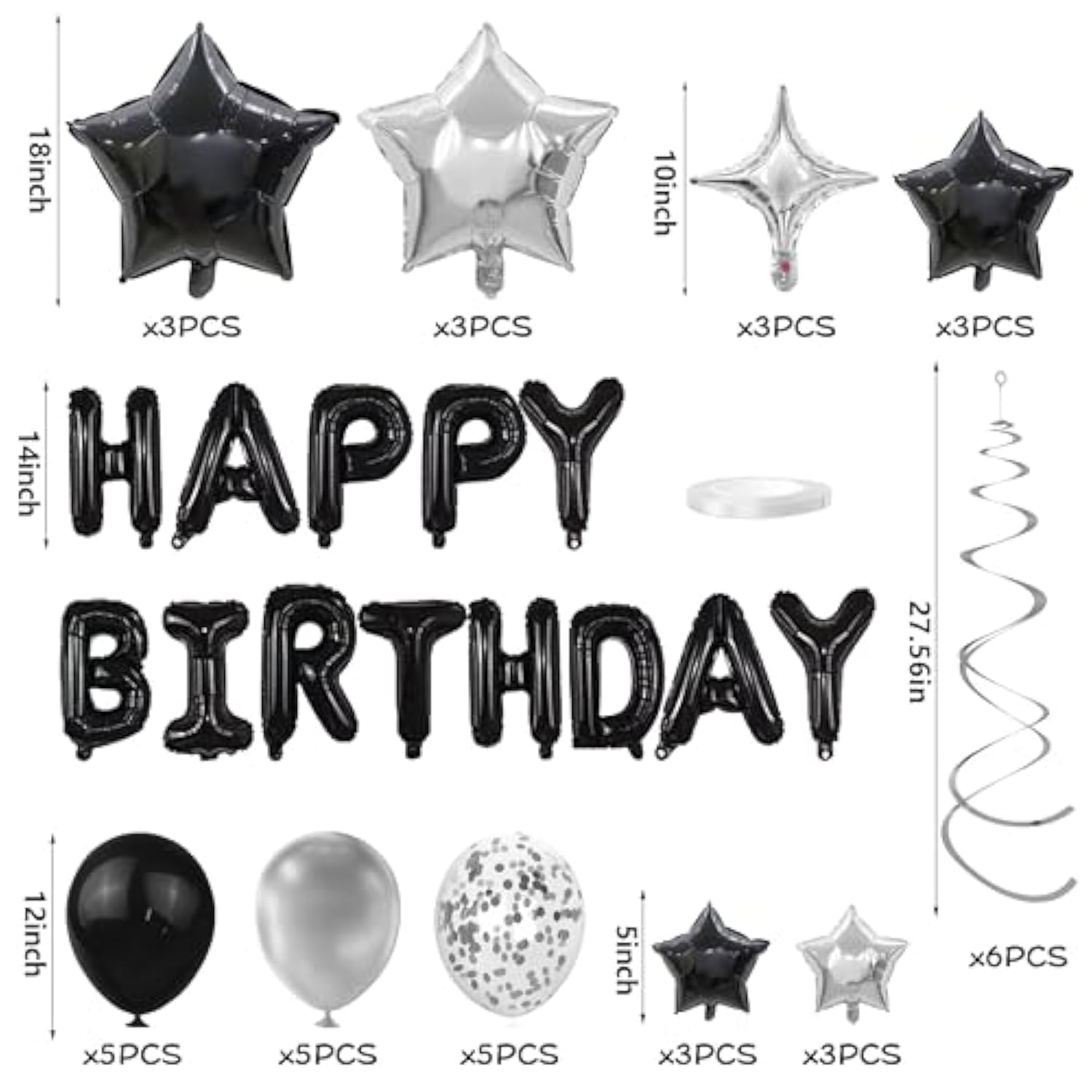 56Pcs Silver Black Happy Birthday Banner & Balloons Party Decorations (Black)