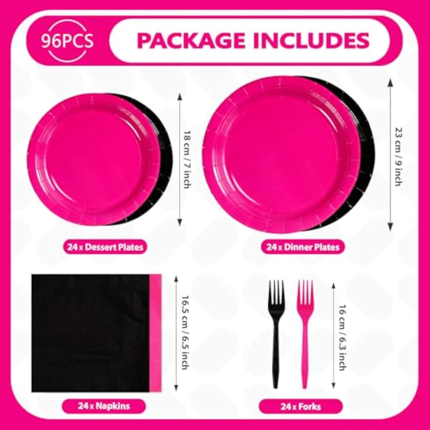 96 Pcs Hot Pink And Black Birthday Decorations Hot Pink Party Plates And Napkins Disposable Heavy Duty Pink And Black Tableware Set For Girls Women Birthday Bridal Shower Halloween Party