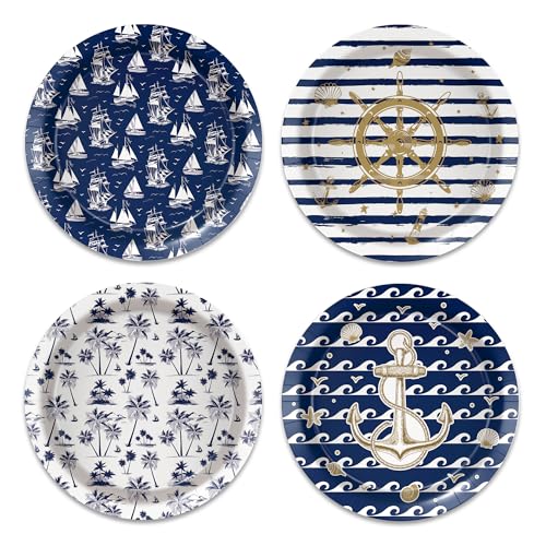 32 Pcs Nautical Anchor Paper Plates -7 Inch Nautical Disposable Navy Anchor Dessert Plates | Cruise Ship Party Decorations for Boys Birthday, Baby Shower, Sailor Boat Themed Party Supplies, 4 Styles