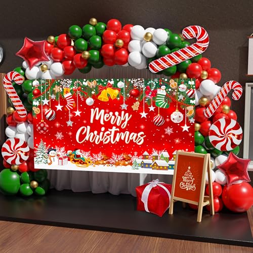 Christmas Balloon Arch Kit, 162PCS Christmas Party Decorations, Red Green Gold White and Candy Cane Balloons with Large Backdrop Banner for Xmas Party Supplies