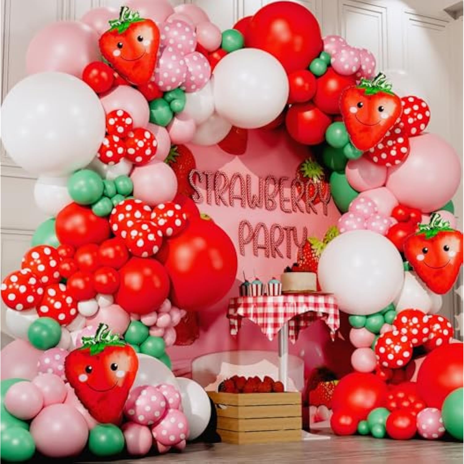 All-In-1 Strawberry Balloon Arch Kit & Garland With Bonus Strawberry – Small And Large Red Pink Green Strawberry Balloons – Strawberry Shortcake Party Decorations Supplies For Birthday & Baby Shower