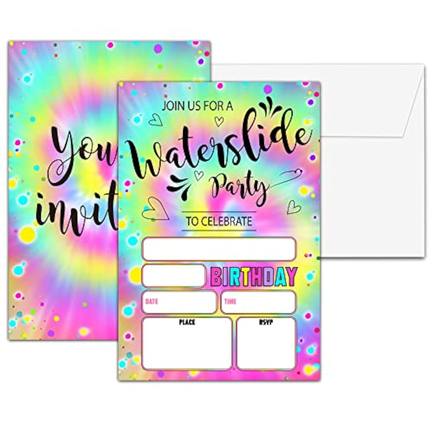 Waterslide Birthday Party Invitations, Summer Pool Birthday Invitation, Double-Sided Tie Dye Themed Fill In Invites, Kids Splash Birthday Party Decorations, 20 Cards With 20 Envelopes(C04)