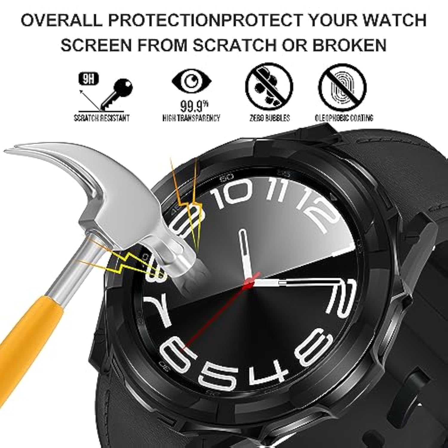 3 In 1 For Samsung Galaxy Watch 6 Classic 43Mm Case, Hd Tempered Glass Screen Protector, All-Around Protective Tpu Bumper Cover - Black