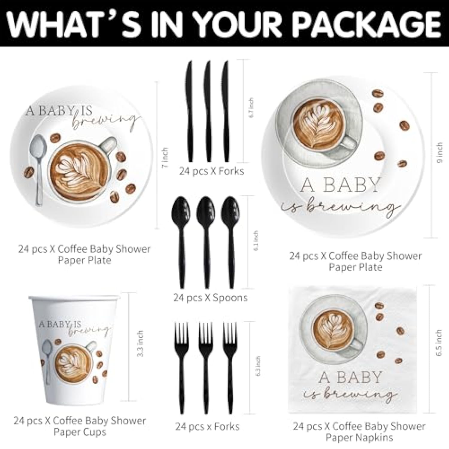 Coffee Baby Shower Decorations Tableware, Coffee Bean Theme A Baby Is Brewing Party Supplies For Birthday, Paper Plates, Cups, Napkins, Disposable Cutlery, Serves 24