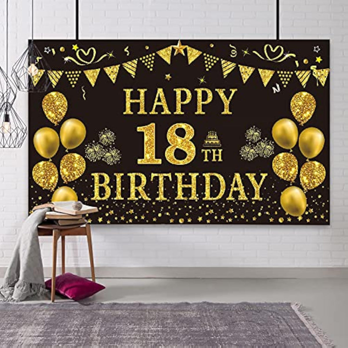 18Th Birthday Decorations For Men - Black Gold Backdrop Banner 5.9 X 3.6 Fts Happy Birthday Photography Supplies Background Party Decorations For Boys