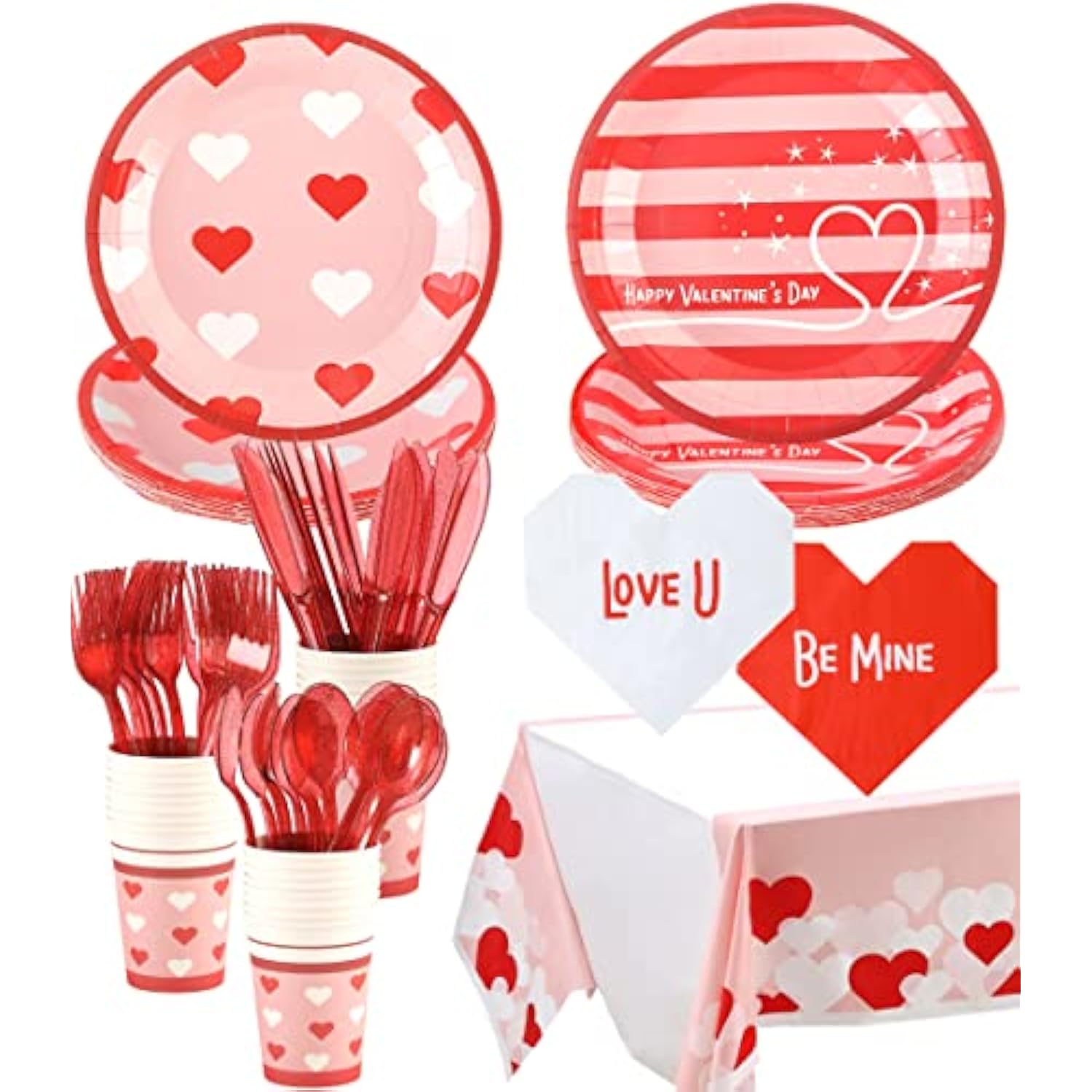 Valentines Day Plates And Napkins Sets - Serves 16 - Includes Paper Cups Cutlery For Valentine Decor Party Supplies Paper Straws Valentines Day Decor Valentine'S Day Decorations