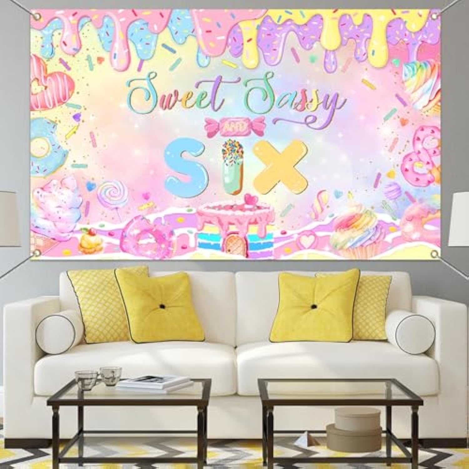 Donut 6th Birthday Backdrop Sweet Sassy Six Banner for Girls Party (Pink)
