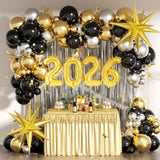 128pcs 2026 New Year Decorations Black Gold Silver Balloons Fringe Backdrop