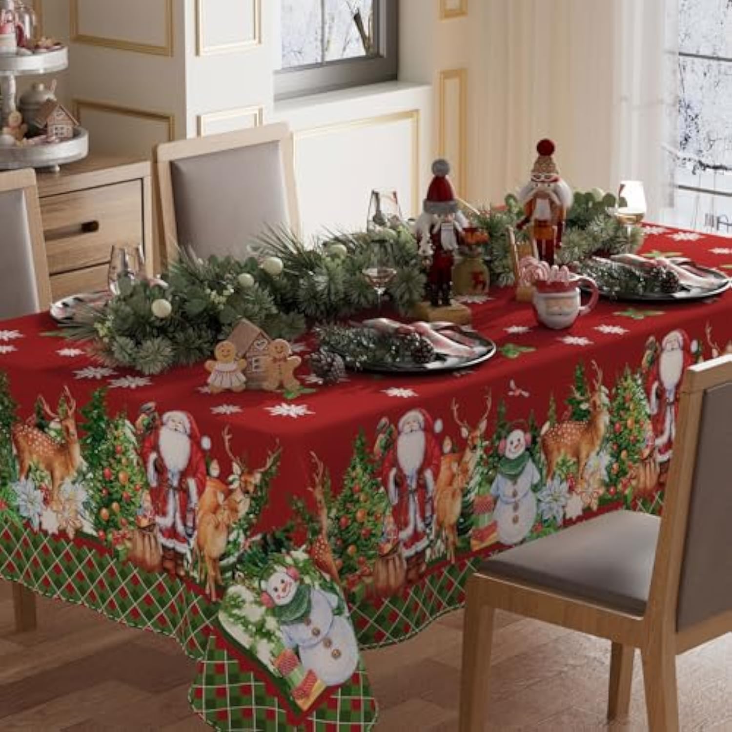 Snowman Santa Deer Winter Christmas Tablecloth Rectangle Christmas Table Cloth Washable Table Coversfor Indoor Dining Home Party Xmas Decorations 60X84 Inch