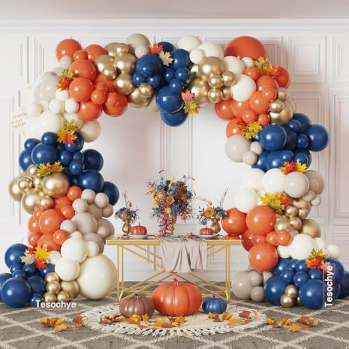 176pcs Fall Balloon Arch Kit Navy Blue Gold Orange White Garland for Party Decorations