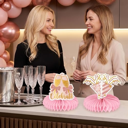 12 Pcs Rose Gold Happy Birthday Honeycomb Centerpieces for Tables Pink 3D Table Decorations Women Girls Party Supplies Cardstock Signs