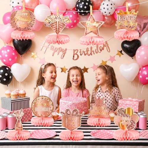 9 Pcs Birthday Table Decorations, Happy Birthday Centerpiece Decorations, Rose Gold 3D Honeycomb Table Centerpiece with Glitter Accent, Easy Assemble Party Decor for Birthday Theme