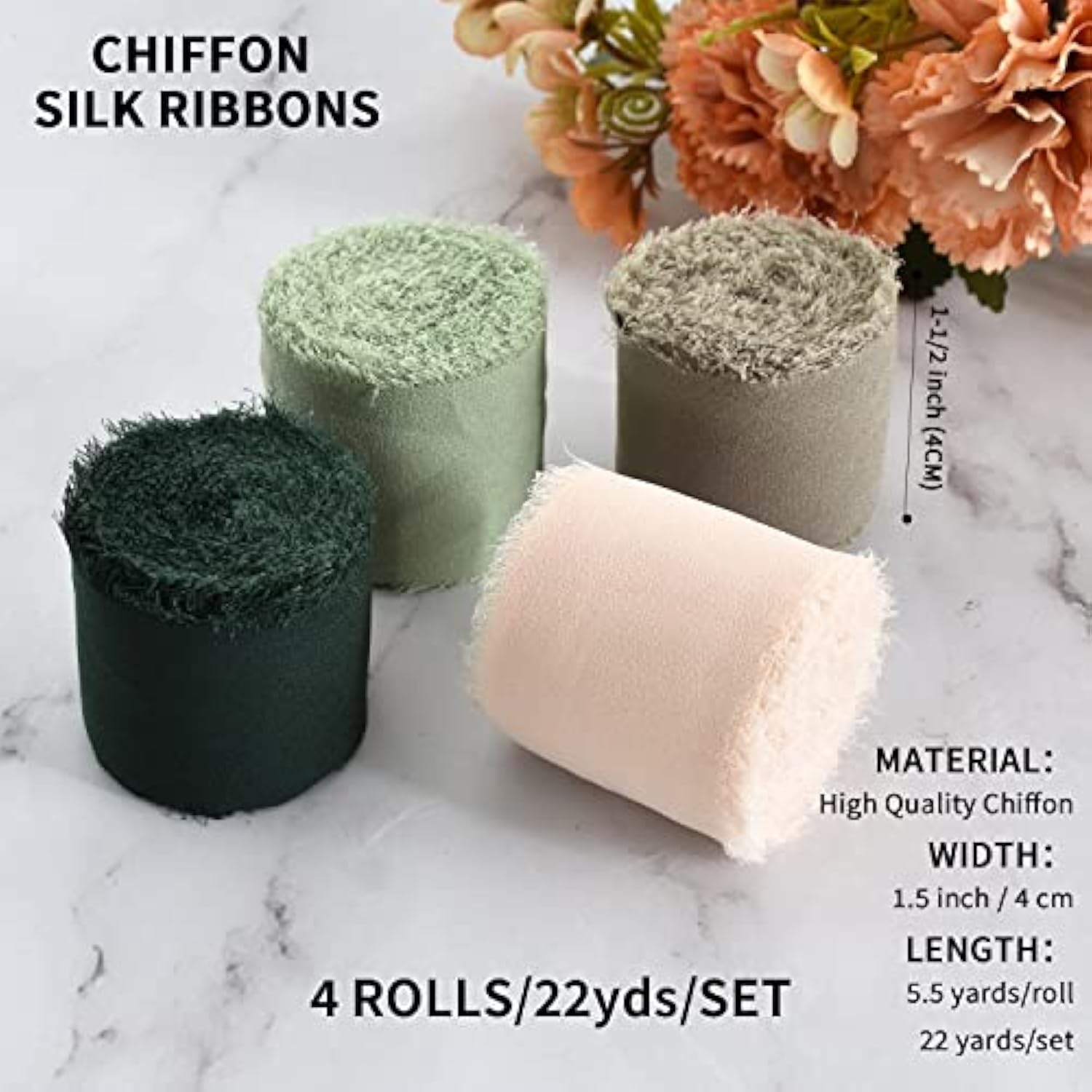 4 Rolls Silk Chiffon Ribbon, 1-1/2 Inch X 22Yds, Sage Green Chiffon Ri