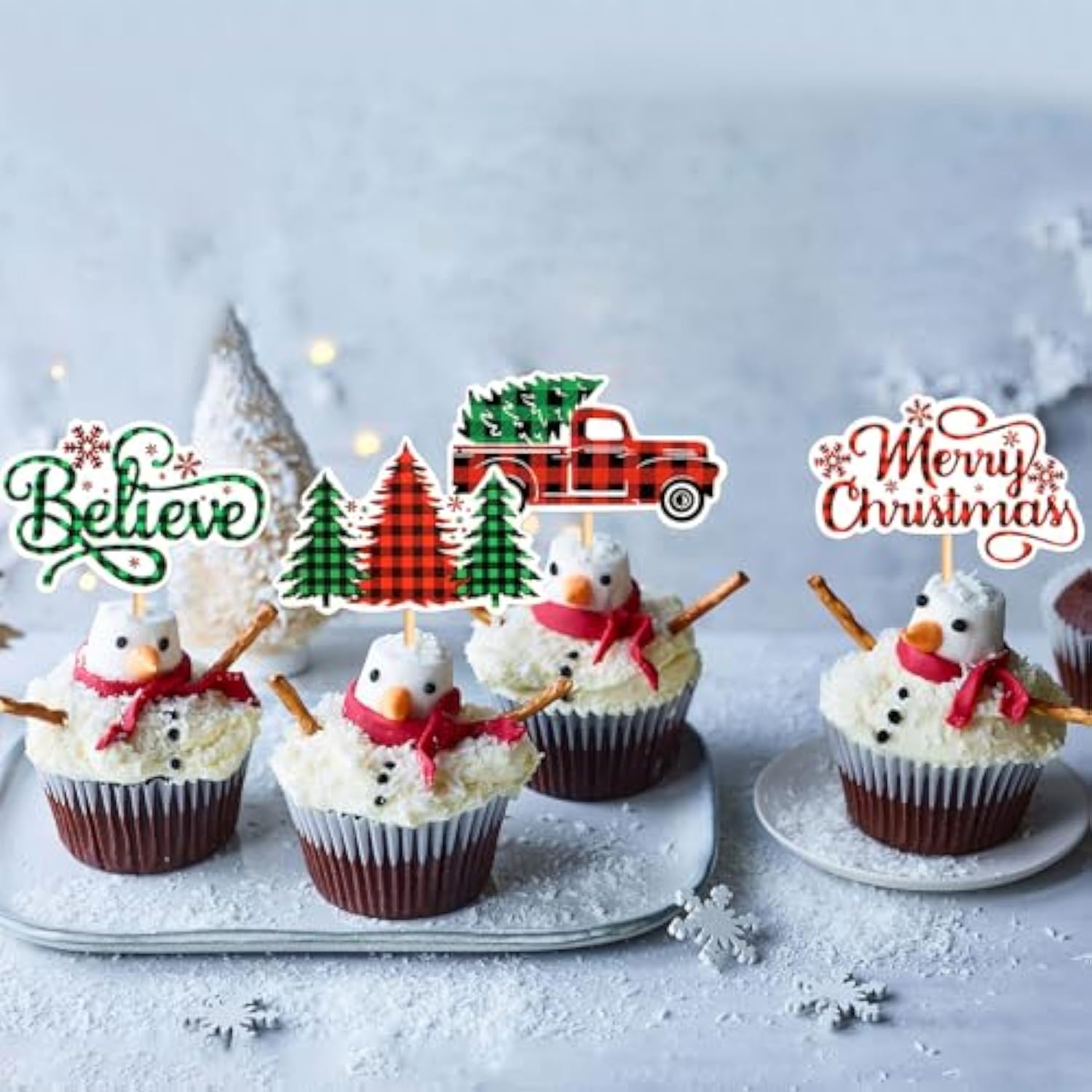 24 Pack Merry Christmas Cupcake Toppers Picks - Believe Christmas Tree Car For Holiday Theme Birthday Party Cake Decorations Supplies - Green