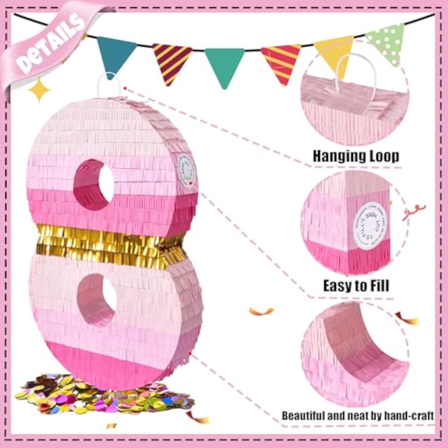 20 Inch Number 8 Piñata Pink Gold With 30 Inch Piñata Stick Blindfold Confetti For Boys Girls Adults Birthday Party Decorations, Anniversary Celebration, Fiesta