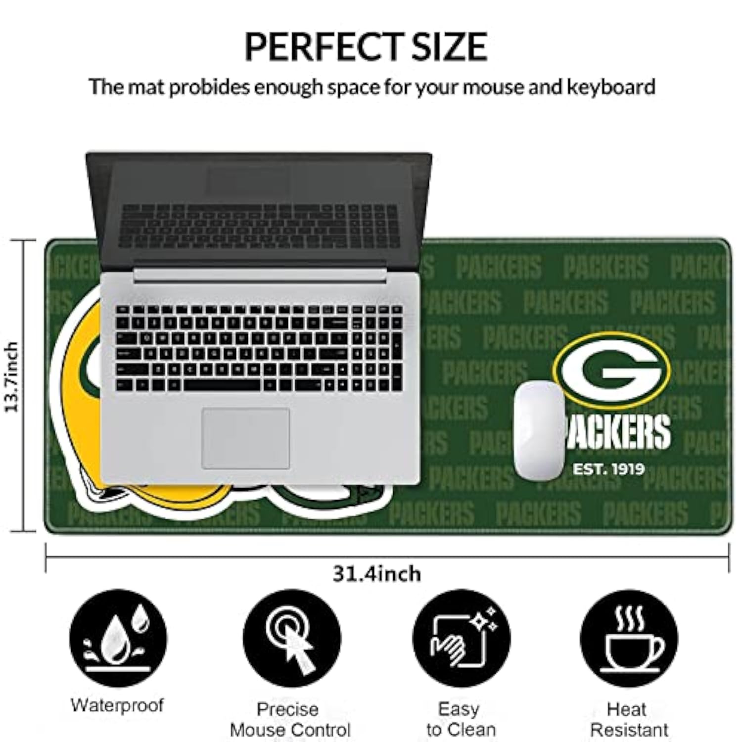 Large Gaming Mouse Pad With Non-Slip Rubber Base For Laptop Computer Desktop Keyboard,Green Design Stitched Edges Mouse Desk Mat For Football Sport Fans
