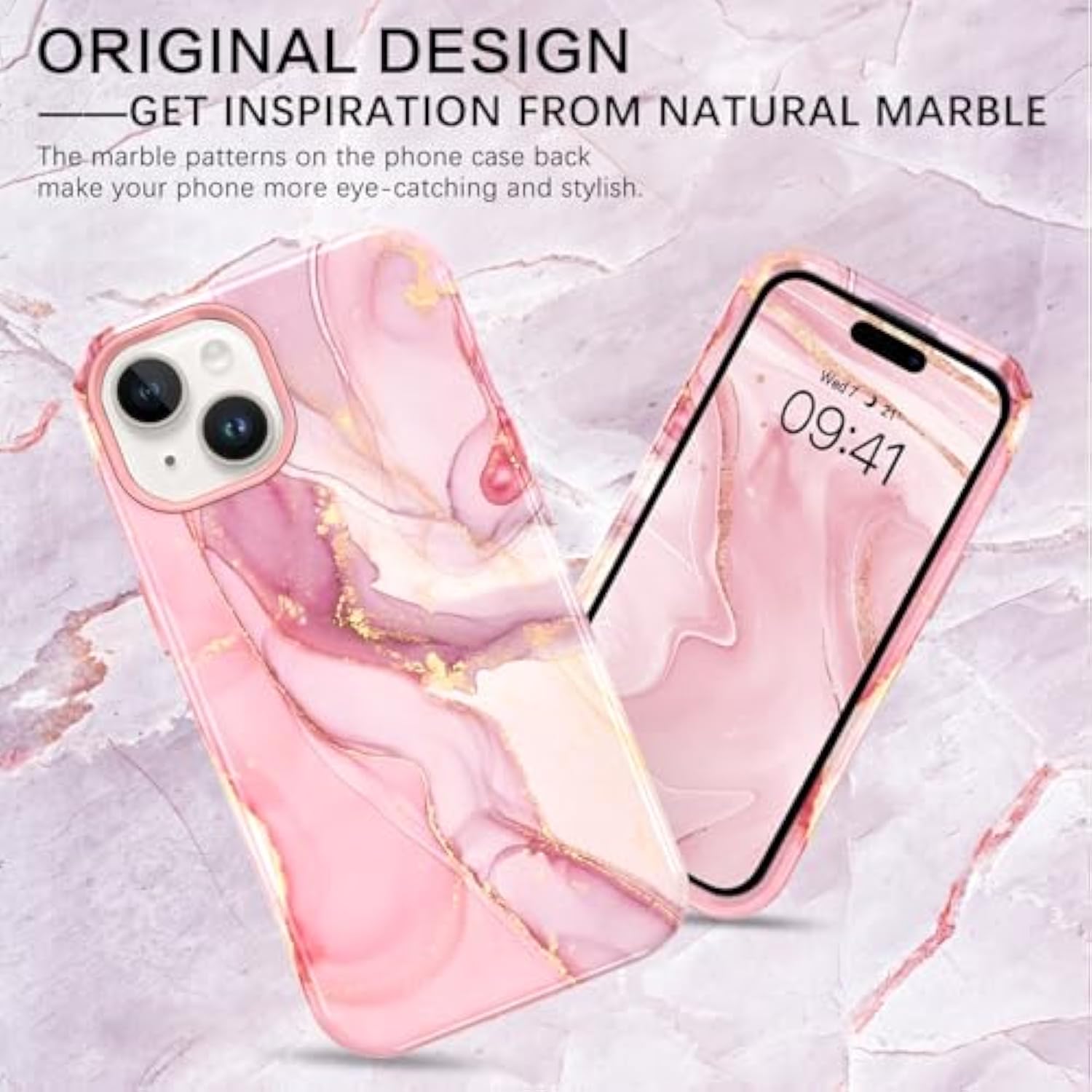 For Iphone 13 & Iphone 14 Case, Iphone 13/14 Marble Pattern Phone Case, 3 In 1 Full Body Protective Slim Hybrid Shockproof Soft Silicone + Hard Pc Rugged Heavy Duty Girls Women, Pink