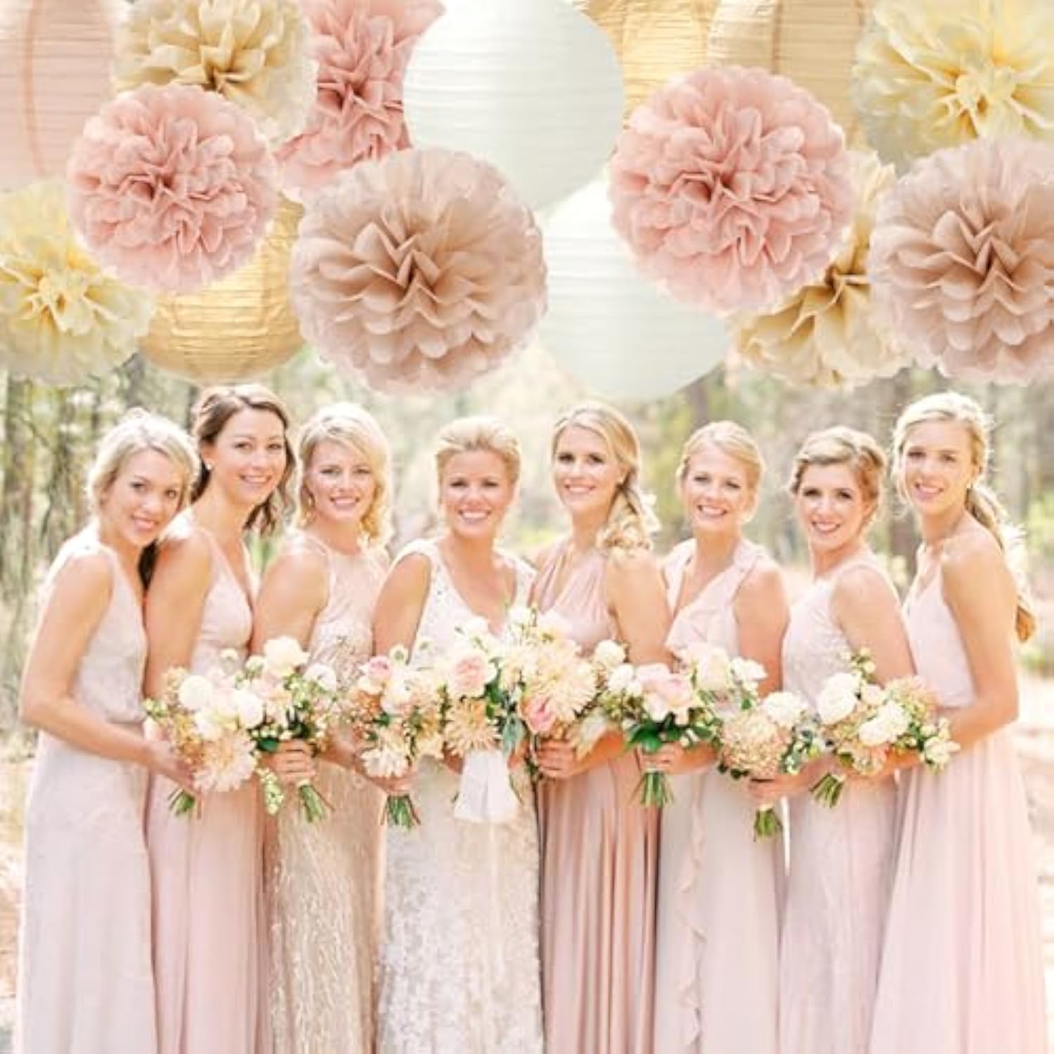 Champagne-Gold White Party-Decorations Paper-Flowers Lanterns - 15Pcs Boho Fall Rustic Tissue Pom Poms Streamers,Wedding Baby Bridal Shower Neutral Autumn Birthday Hanging Supplies Decor