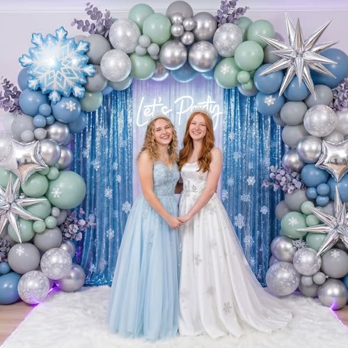 Winter Wonderland decorations with Dusty Blue Green Silver Gray Balloon arch & Foil Star balloons Artificial Snowflakes for baby its cold outside birthday Christmas new year eve party decorations