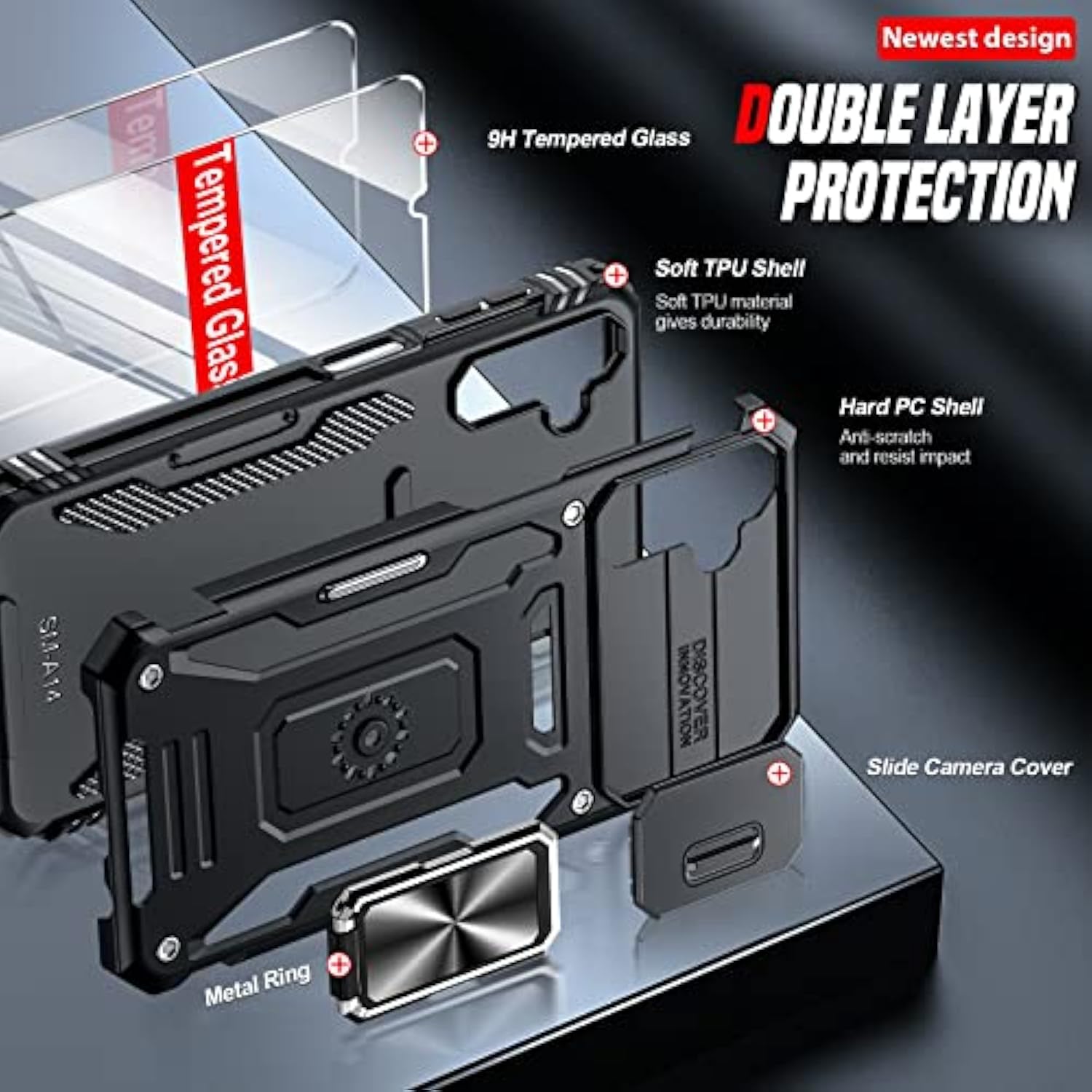Compatible For Samsung Galaxy A14-5G Phone Case: Galaxy A14 Case With [2 Pack] Tempered Glass Screen Protectors, Magnetic Stand & Slide Camera Cover Funda Para A 14 5G Android Cell, Black