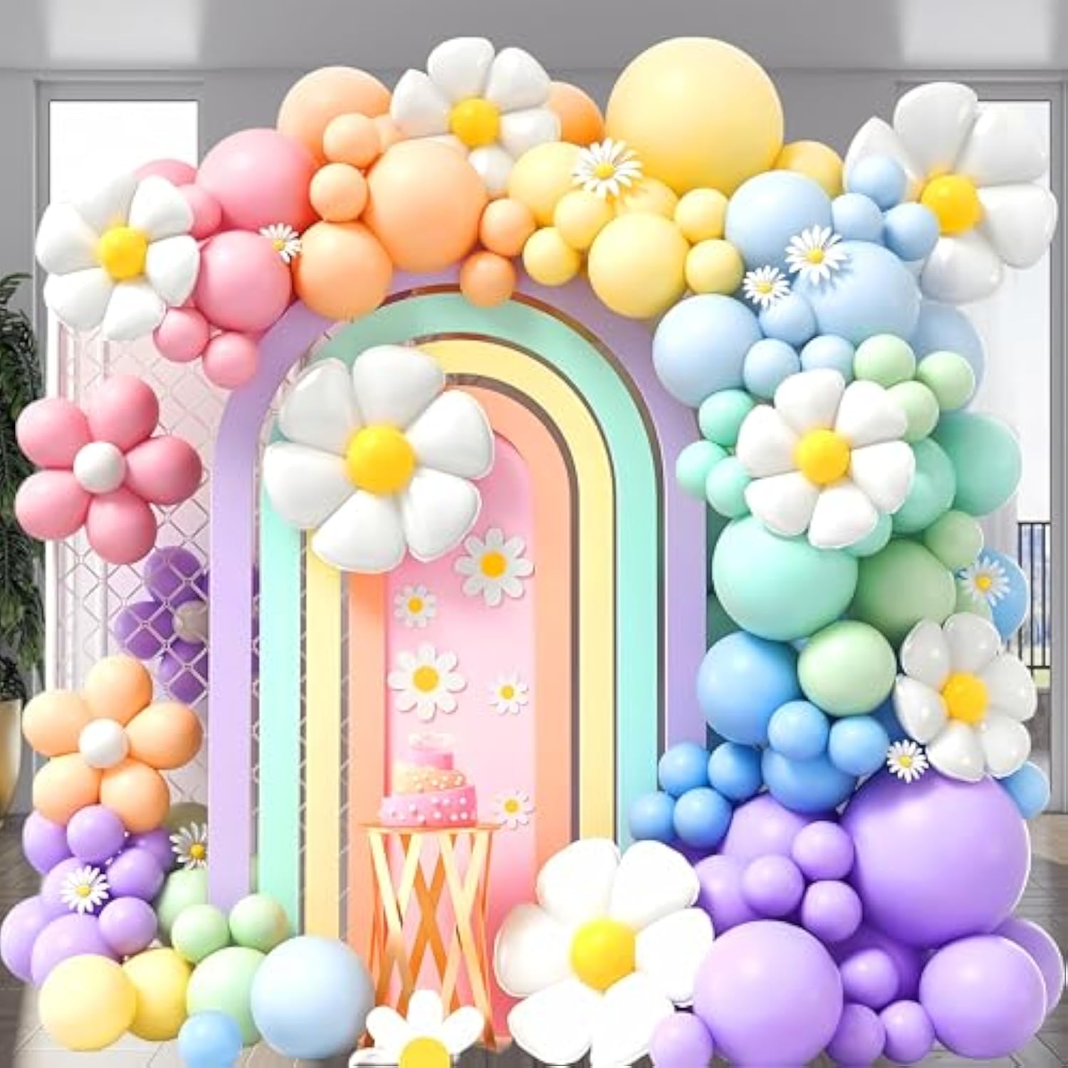 Pastel Daisy Balloon Arch Kit – Rainbow Floral Balloon Garland For Spring Birthday, Baby Shower & Garden Party Decorations – 100 Pcs Pastel Balloons Set