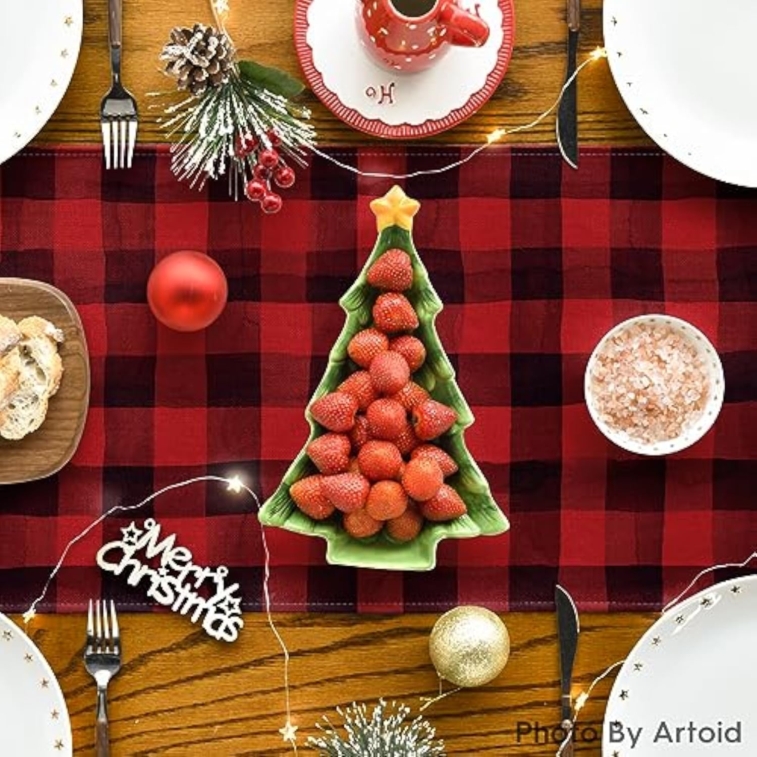 Red And Black Buffalo Plaid Merry Christmas Tree Table Runner, Seasonal Truck Gifts Kitchen Dining Table Decoration For Outdoor Home Party 13X48 Inch