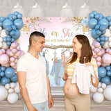 Boho Gender Reveal Backdrop He or She Sign Banner Blue and Pink Cute Baby Clothes Gender Reveal Party Decorations Pampas Grass Floral Baby Shower Party Background Supplies 7x5ft