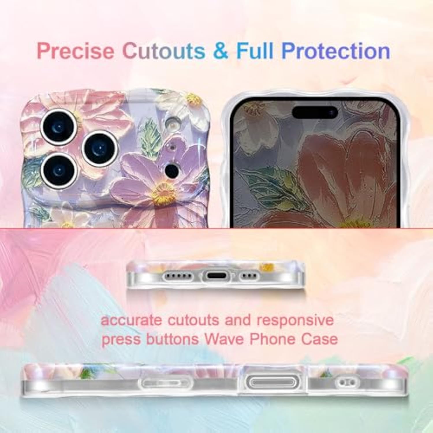 Colorful Retro Oil Painting Girly Phone Case for iPhone 17 Pro Max, Pretty Glossy Pattern Wave Cover, Cute Sparkly Floral Curly Shell for Women and Girls, Pink Purple