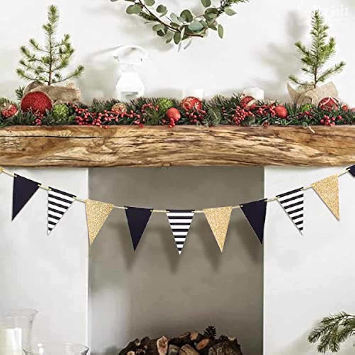 Golden Black Triangle Banner Pennant Bunting 15Pcs 10Ft Birthday Gatsby Decor