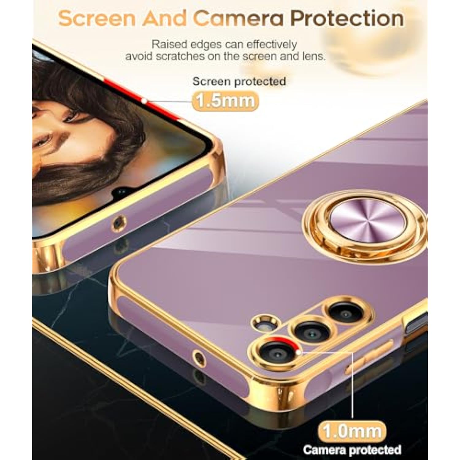 For Galaxy A15-5G Phone Case: With Tempered Glass Screen Protector [2 Pack] 360° Rotatable Ring Holder Magnetic Kickstand, Plating Rose Gold Edge For Samsung A 15 5G Case, Purple