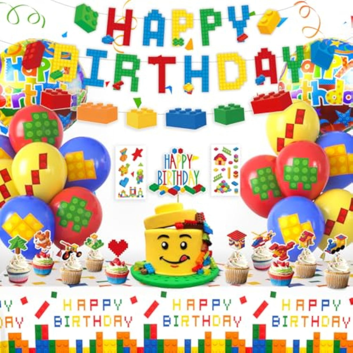 Building Block Birthday Party Decorations Supplies Kit - Balloons Tablecloth Banners Cake Toppers Foil Balloons Tattoo Stickers - Birthday Decorations For Kids Boys Girls Building-Themed Celebration