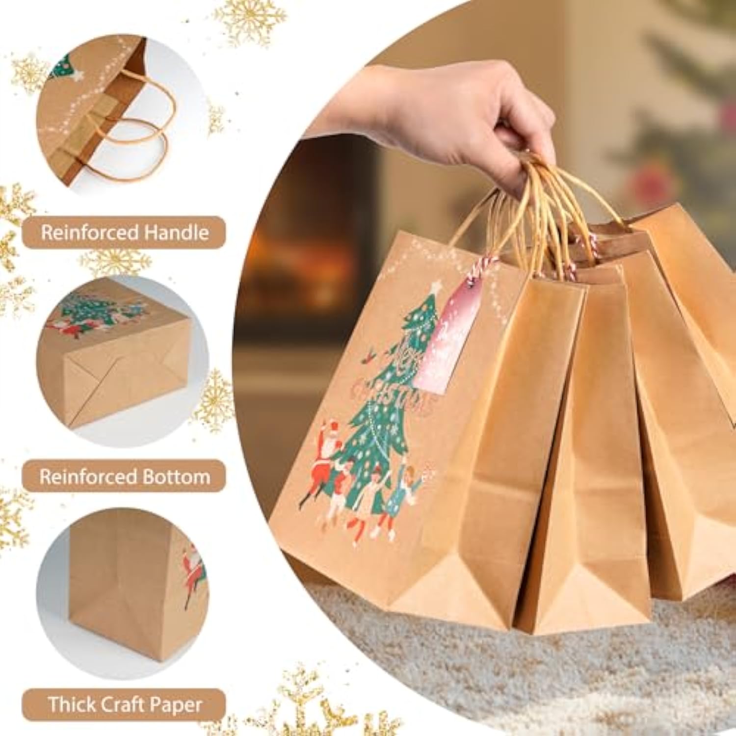 12Pcs Kraft Christmas Gift Bags With Handles, Small Xmas Treat Bags Reusable Gift Bags For Wrapping Gifts, Party Favors And Holiday Decor