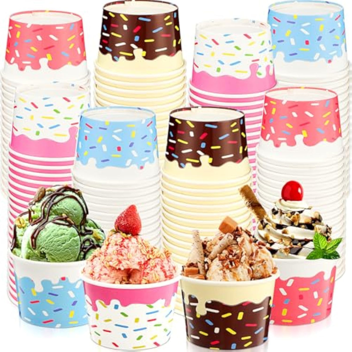 120 Pcs 9Oz Ice Cream Bowls Bulk Dessert Ice Cream Cups Paper Treats Sundae Cups Disposable Birthday Party Decorations For Hot Cold Food Soup Yogurt Cupcakes Supplies(Cute Style)