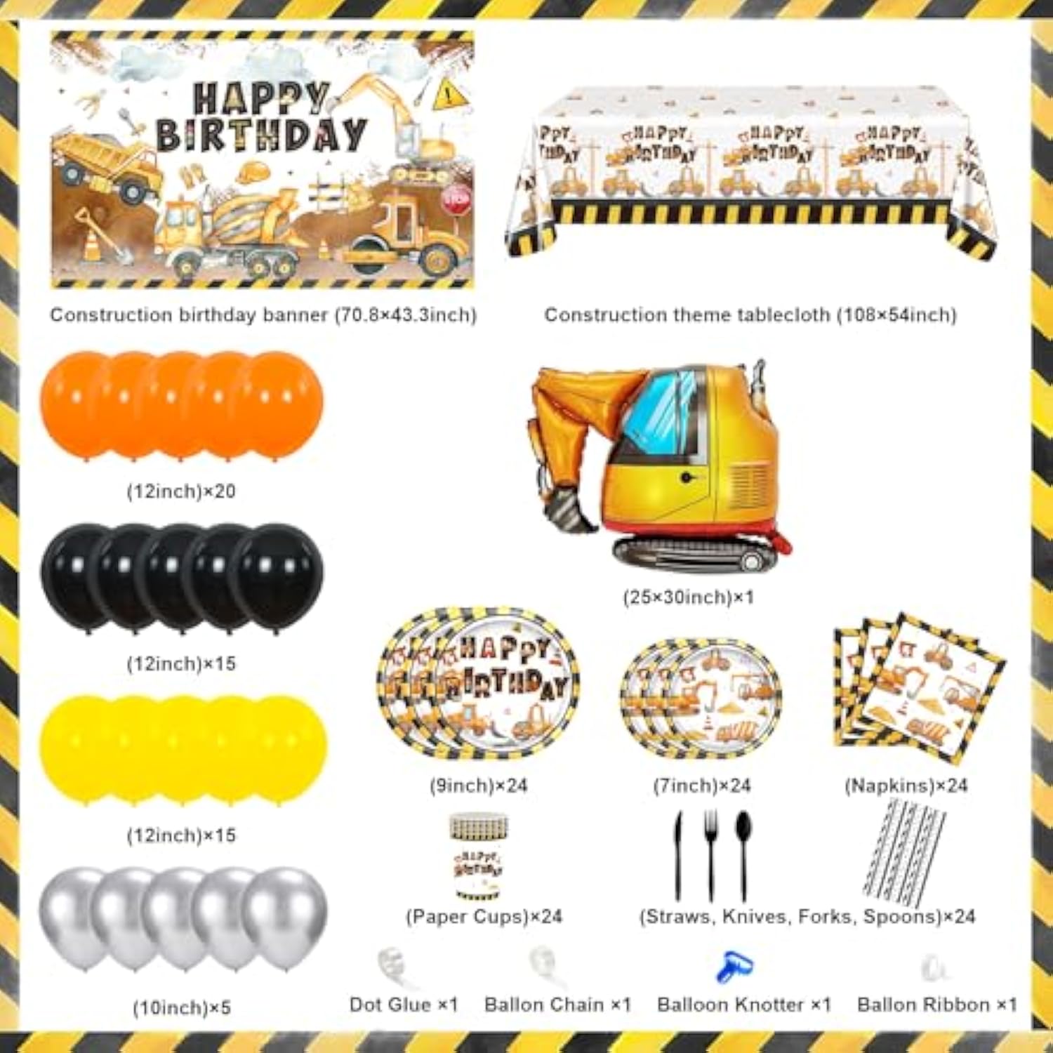 Construction Birthday Party Supplies 251 Pcs Construction Birthday Banner Balloons Plates Napkins Cups Tablecloth Set For Kids Dump Truck Excavator Party Decorations