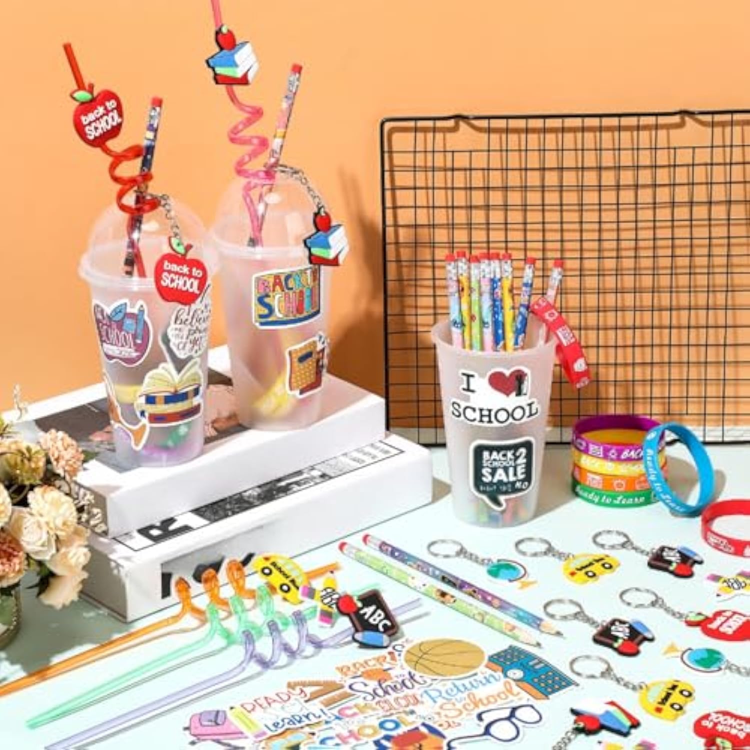24 Set Back To School Gifts For Students First Day Of School Party Favors Gift Cups Filler Keychain Pencil Straw Sticker Silicone Bracelet For Goodie Bag Fillers Party Favors Gifts