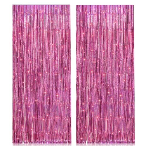 Pink Foil Fringe Curtains, 2 Pack 3.2 x 8.2 ft Party Backdrop