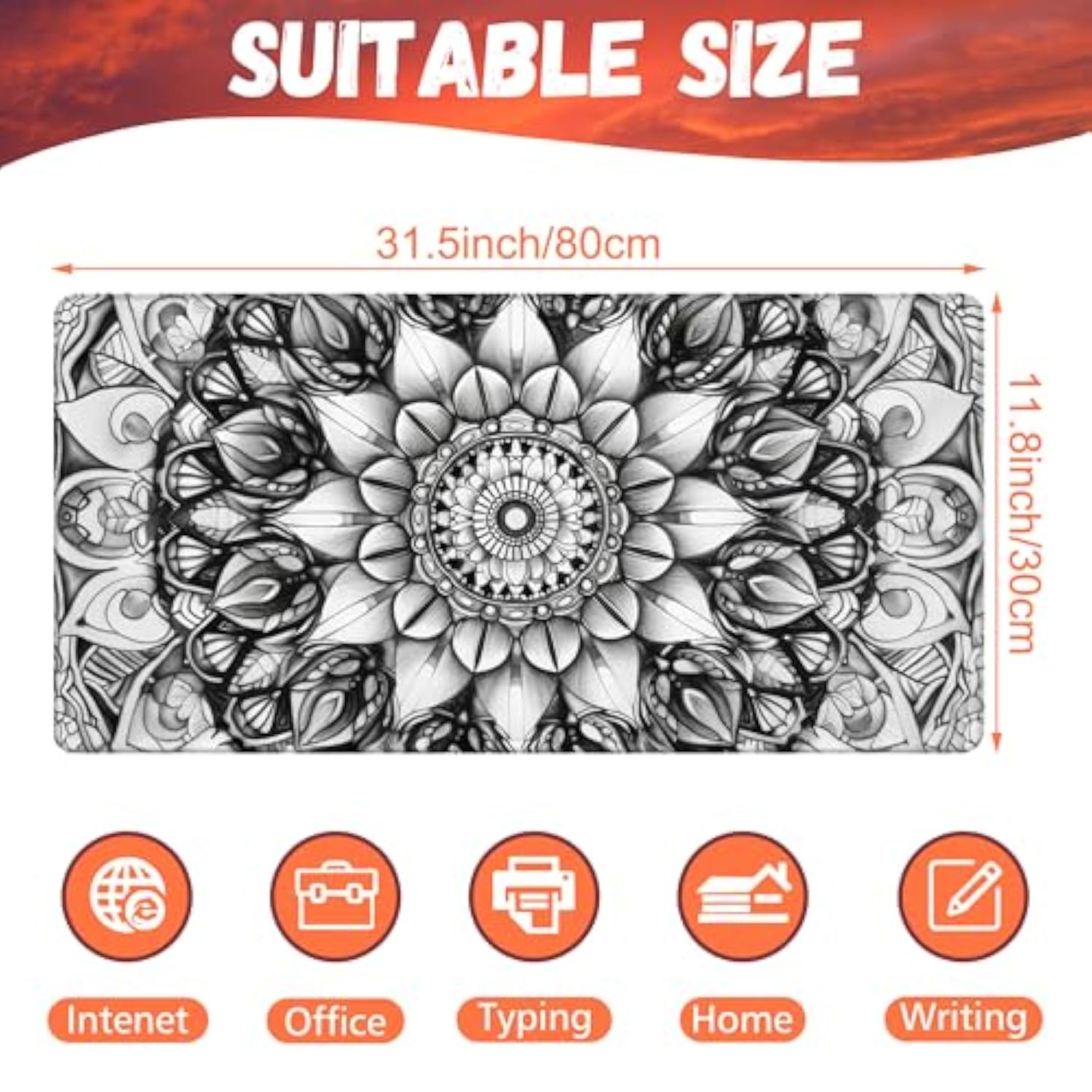 Large Gaming Mouse Pad For Desk, Black And White Mandala Desk Mat, Mandala Flower Desk Pad, 31.5"X15.7" Extended Big Computer Keyboard Mouse Pad With Non-Slip Base And Stitched Edge
