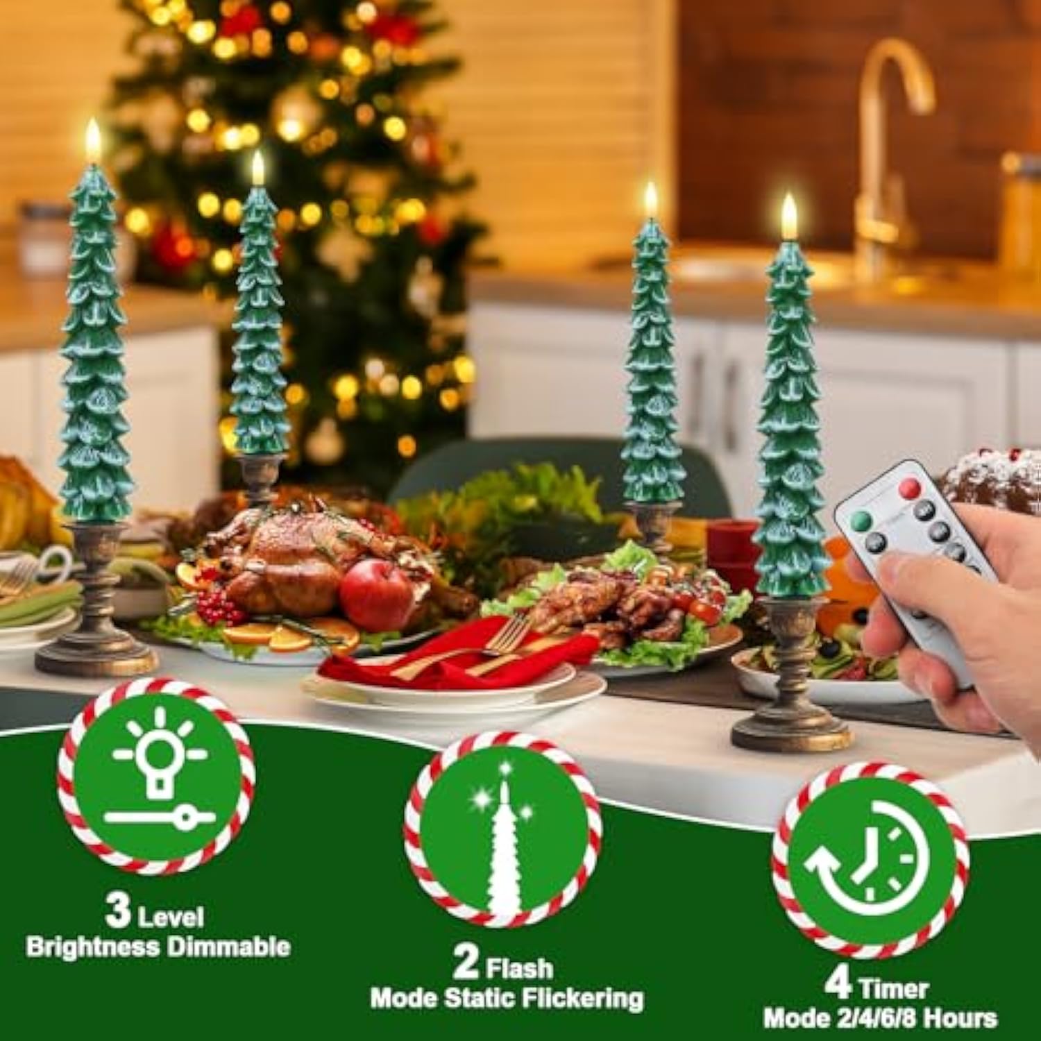 4 Pcs Christmas Tree Candles With Remote And Timer Led Flameless Taper Candles Christmas Tree With Snowy Led Candlesticks Battery Operated Candle For Christmas Decoration