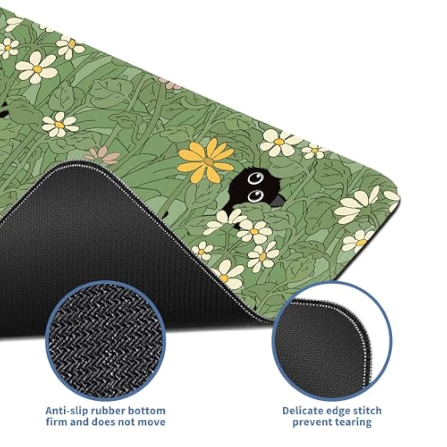 Cute Cat Mouse Pad Large Green Desk Mat Extended Keyboard Mouse Pad Kawaii Mousepad With Non-Slip Base And Stitched Edge Plant Mouse Mat Desk Pad 31.5 X 11.8 In Mouse Pads For Decor Home Office Gaming