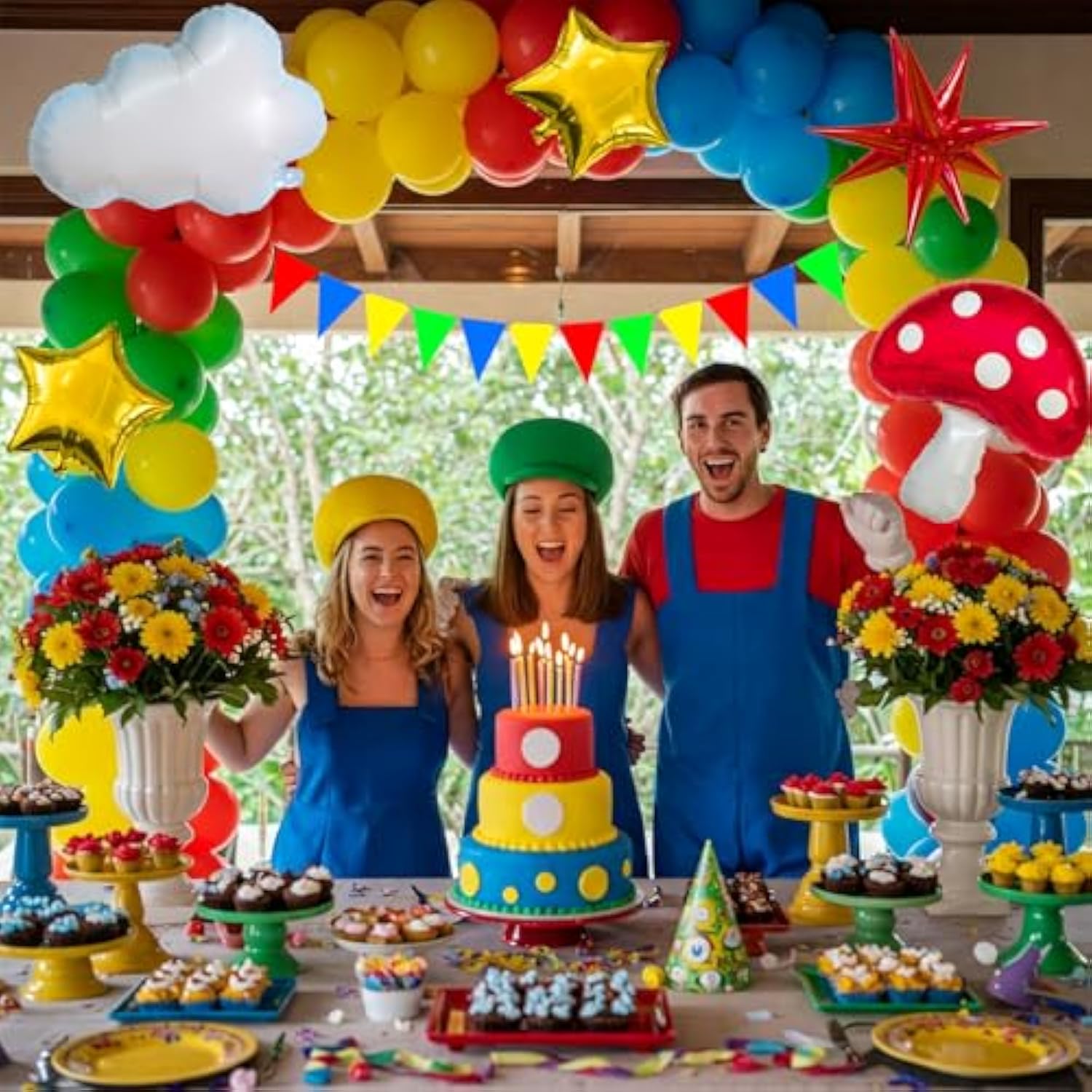 Super Bros Party Decorations With Balloon Arch Kit Polka Dot Printed Balloon Cloud Mushroom Star Balloons Banner Birthday Backdrop For Cartoon Video Game Theme Birthday Party Supplies