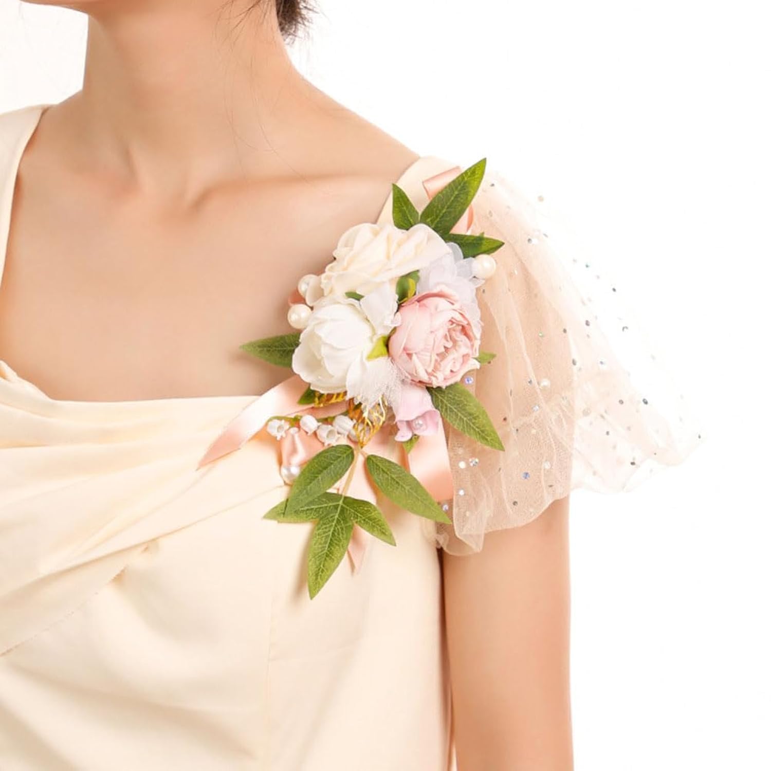 Artificial Flower Shoulder Corsage For Bride Bridesmaids Wedding Party Ceremony Anniversary Prom Suit-Pink+Champagne+White (1Pc)