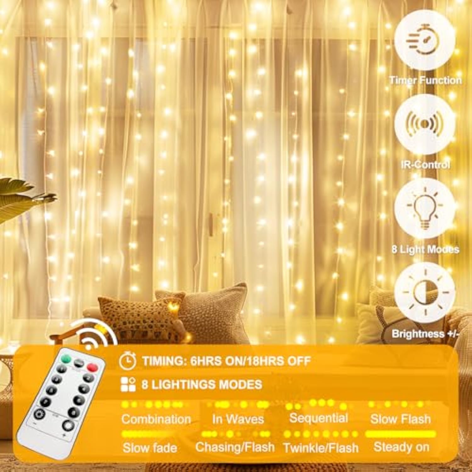 Fairy Curtain Lights Upgraded Tangle-Free Warm White Usb Plug In 8 Modes String Hanging Lights With Remote For Christmas