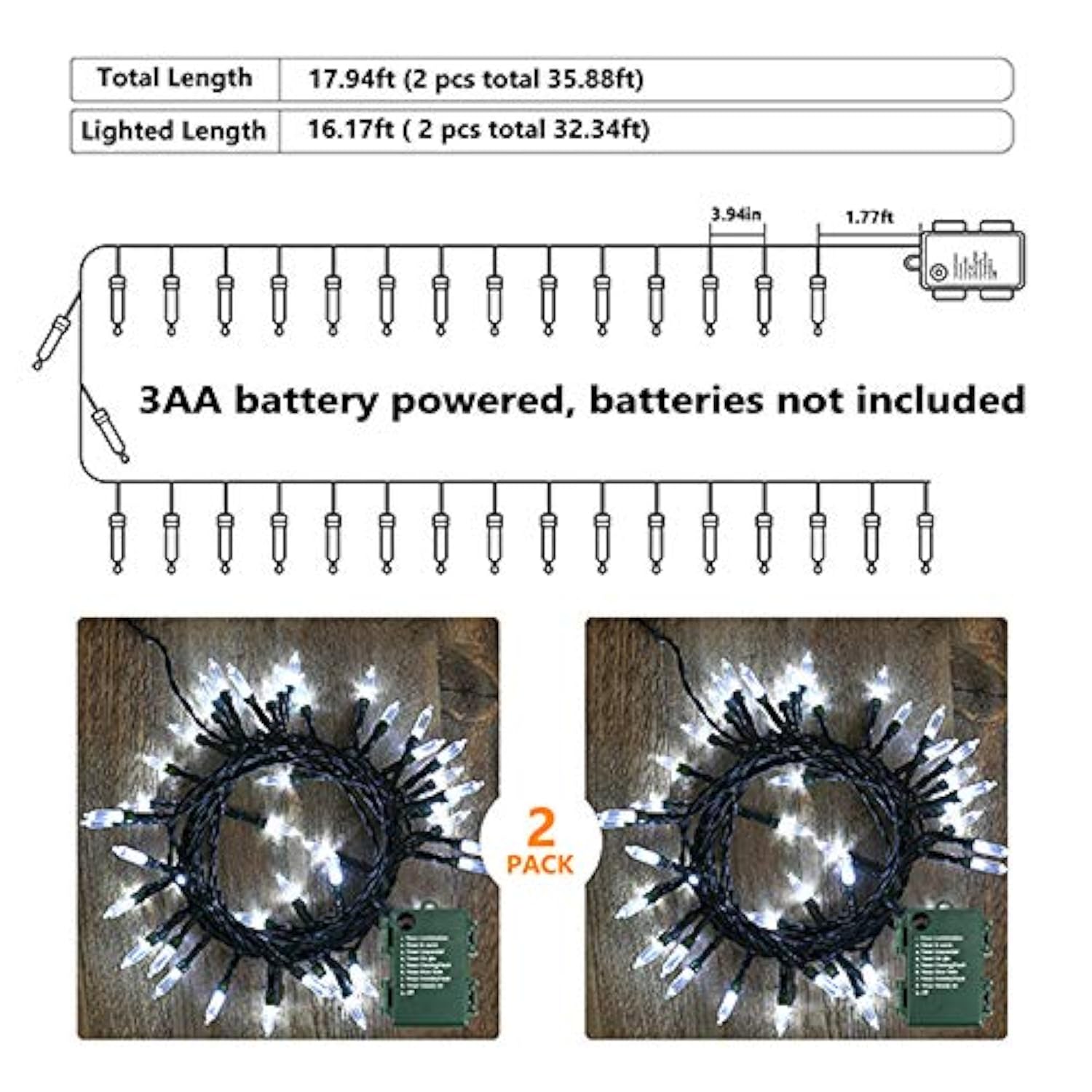 White Christmas Lights, 2 Pack 17.94Ft 50 Led Battery Christmas String Lights With Timer, 8 Modes Christmas Tree Lights