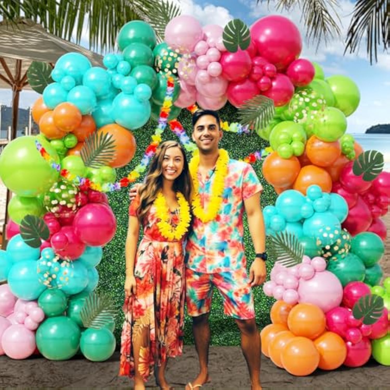 161pcs Tropical Balloon Arch Kit — Hawaiian Luau Flowers & Confetti Decor