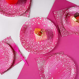 96Pcs Hot Pink Silver Birthday Party Supplies Hot Pink Plates Disposable 350Gsm Paper Tableware Set For Girls Women Silver Glitter Wedding Bridal Shower Birthday Party Decorations, Serves 24