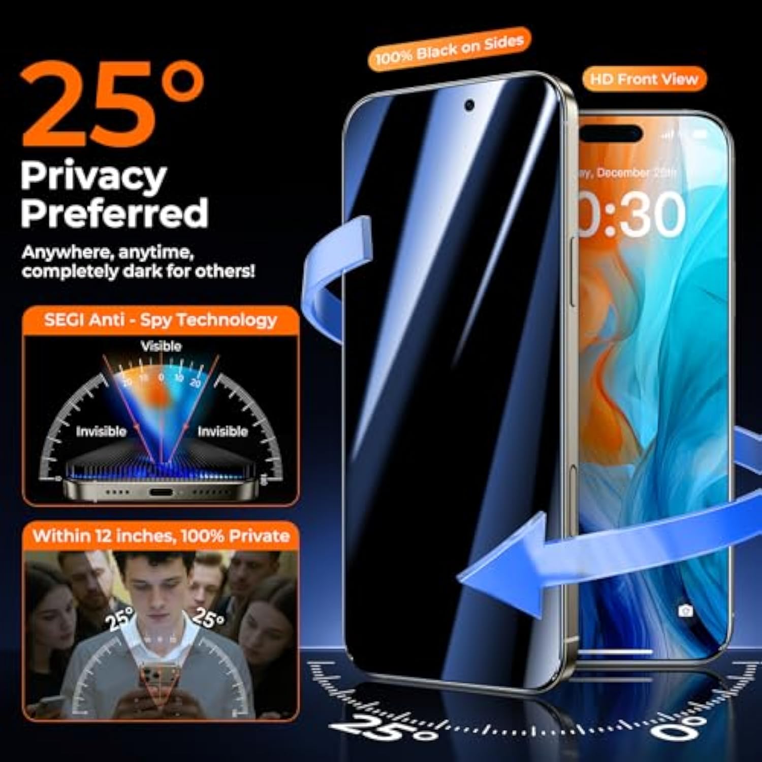 9H+ Military-Grade Tempered Glass For Iphone 17 Pro Max Privacy Screen Protector [25° Anti Spy & Longest Durable ] Shatterproof Hd Clear, Easy Install, Bubble Free, 2 Pack
