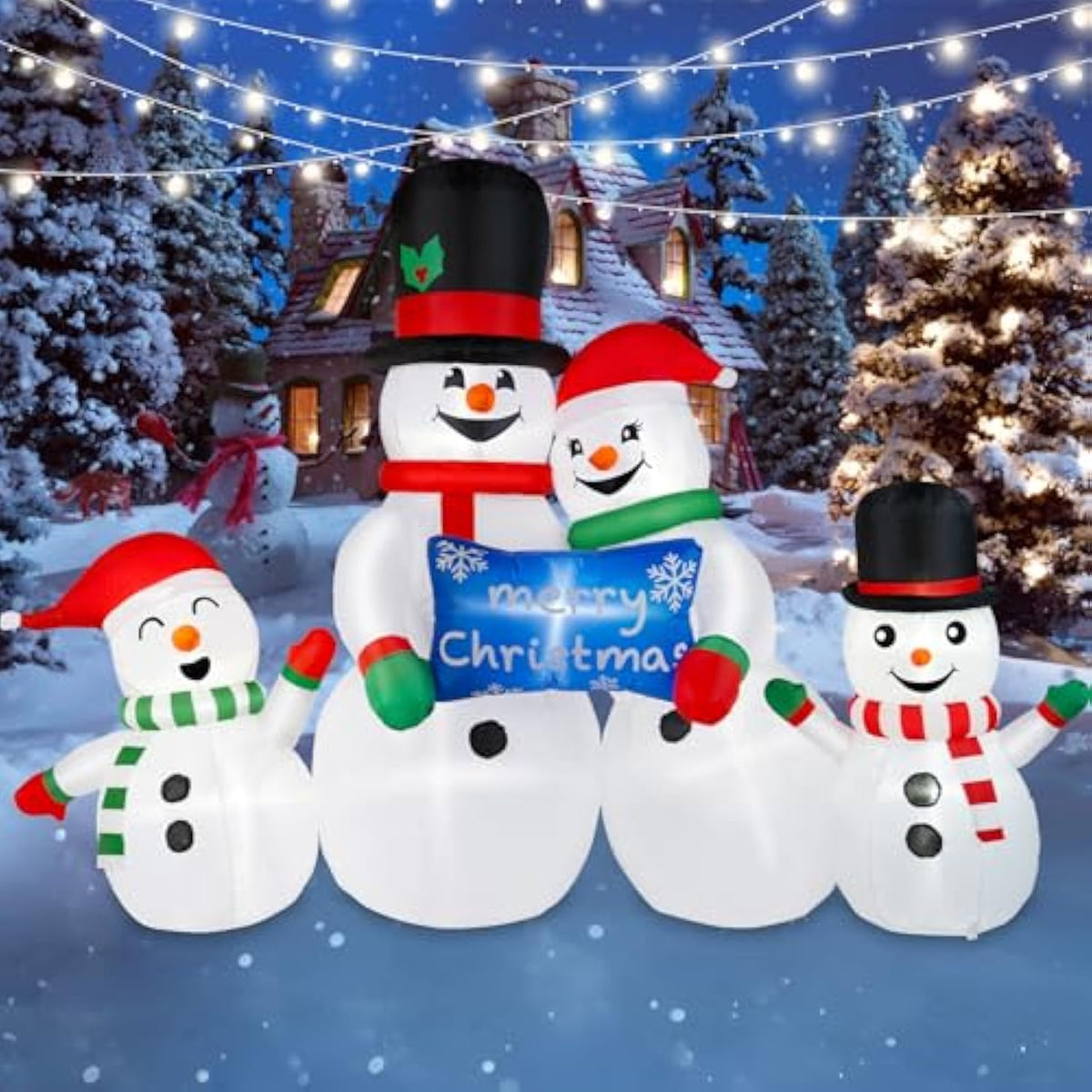8Ft Long Christmas Inflatables Outdoor Decorations, Blow Up Snowman Family Inflatable Christmas Decor With Built-In Leds