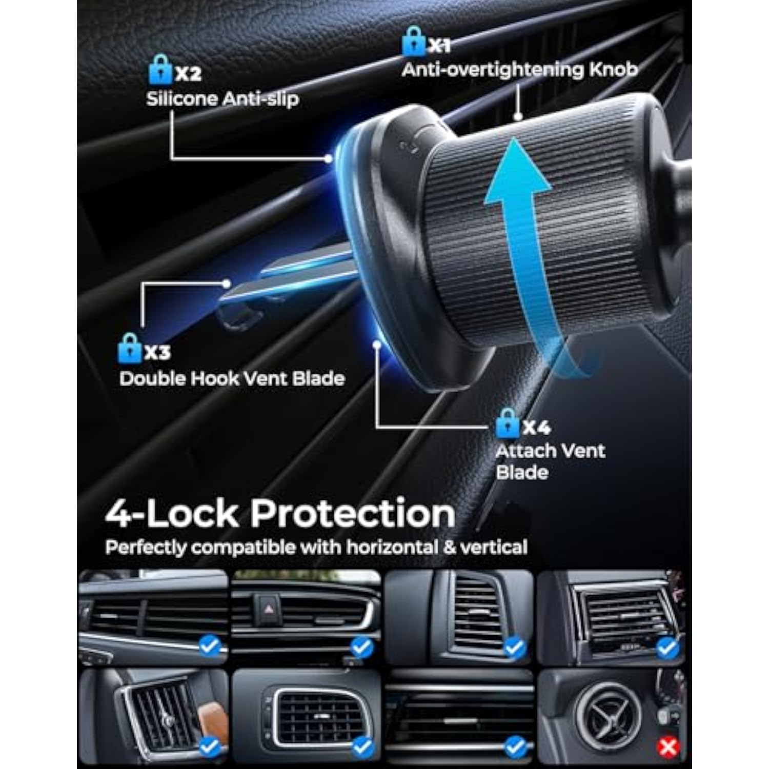 2025 Upgraded Phone Holders For Your Car With New Metal Hook Clip, Handy Air Vent Cell Phone Car Mount [One Hand Operation], Universal Automobile Cradle For Iphone Android And All Smartphones